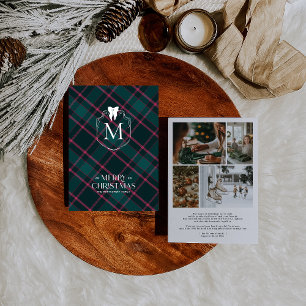 Green & Pink Tartan   Coquette Bow Monogram Photo Holiday Card
