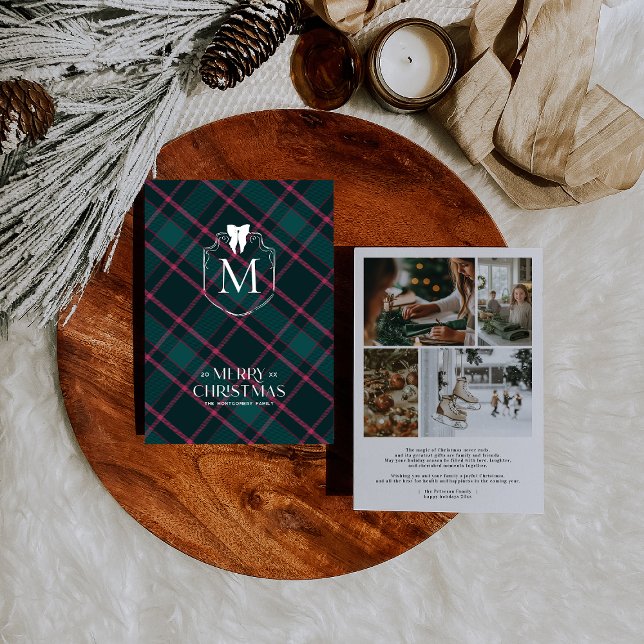 Green & Pink Tartan | Coquette Bow Monogram Photo Holiday Card (Creator Uploaded)