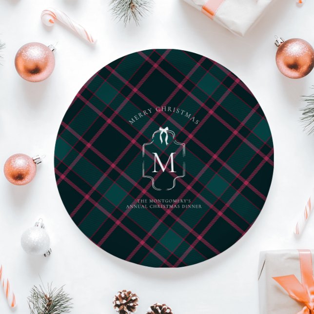 Green & Pink Tartan | Custom Monogram Christmas Paper Plate (Creator Uploaded)