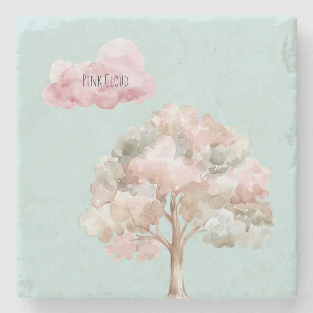 Green Pink Tree Cloud Stone Coaster (Front)