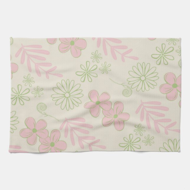 Green Pink Tropical Floral Botanical Spring Summer Tea Towel (Horizontal)