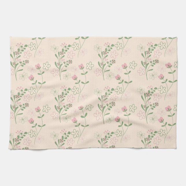 Green Pink Tropical Floral Botanical Spring Summer Tea Towel (Horizontal)