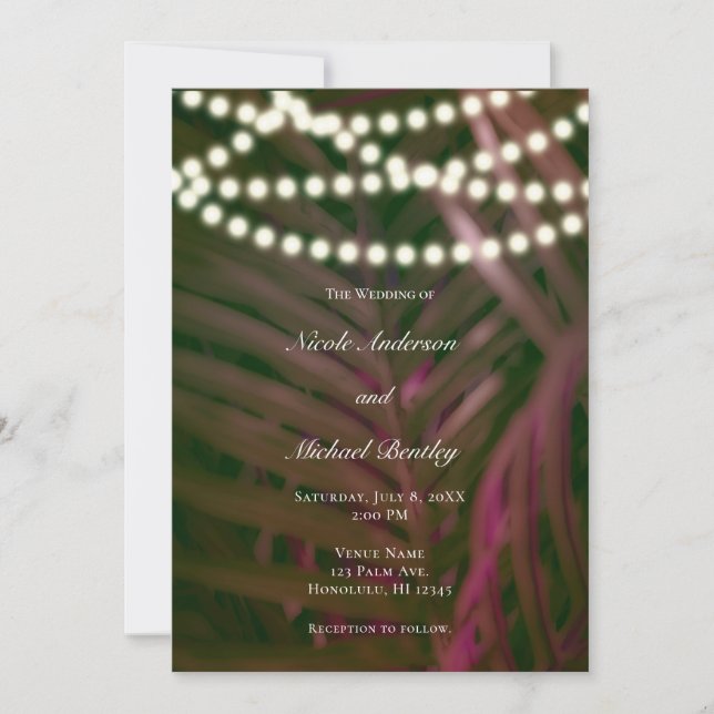 Green Pink Tropical Palm Leaves & Lights Wedding   Invitation (Front)