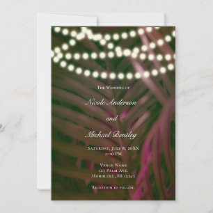 Green Pink Tropical Palm Leaves & Lights Wedding   Invitation