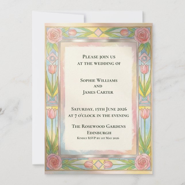 Green Pink Tulip Art Nouveau Wedding Invitation (Front)