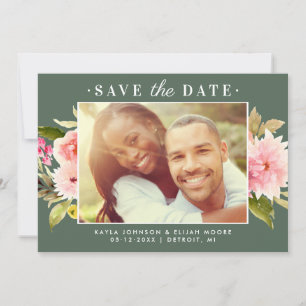 Green Pink Watercolor Floral Wedding Photo Save The Date