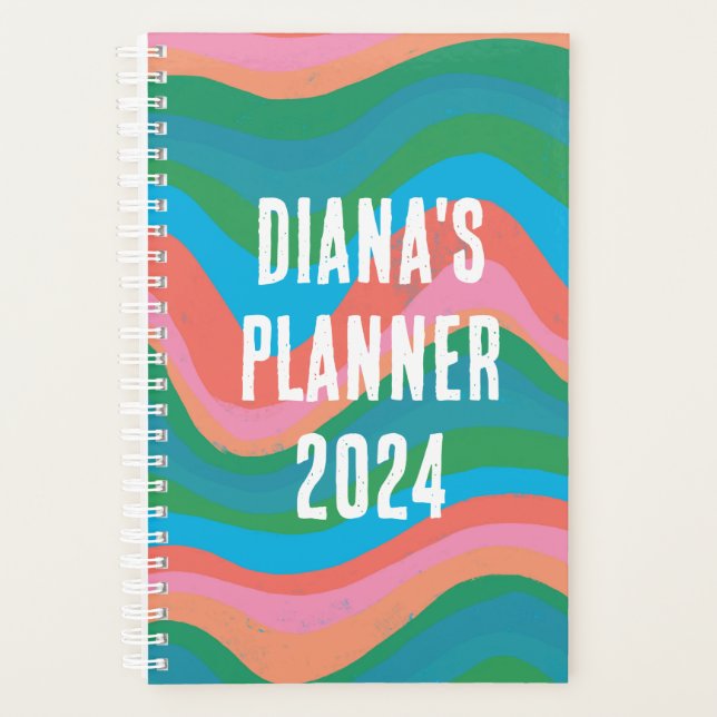 Green Pink Waves Stripes Colourful Bold CUSTOM Planner (Front)
