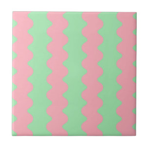 Green Pink Wavy Stripe Minimalist Modern Accent Ceramic Tile