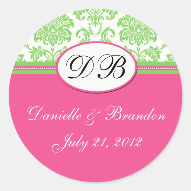 Green Pink Wedding Monogram Damask Seal (Front)