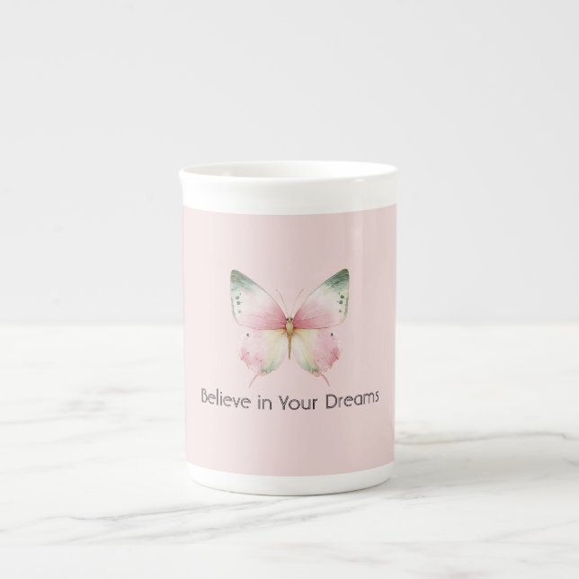 Green Pink White Mint Butterfly Bone China Mug (Front)
