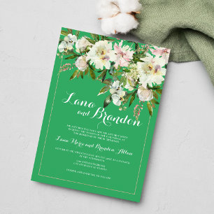 Green pink white orange floral country Wedding  Invitation