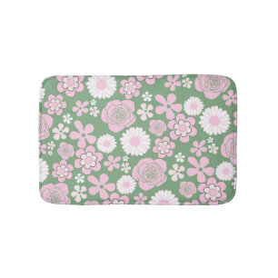 Green Pink White Retro Y2K 70s Flower Pattern Bath Mat