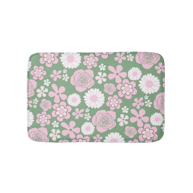 Green Pink White Retro Y2K 70s Flower Pattern Bath Mat (Front)