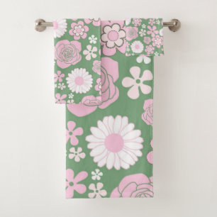 Green Pink White Retro Y2K 70s Flower Pattern Bath Towel Set