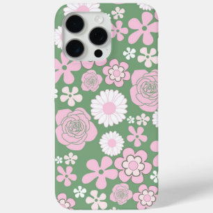 Green Pink White Retro Y2K 70s Flower Pattern iPhone 15 Pro Max Case