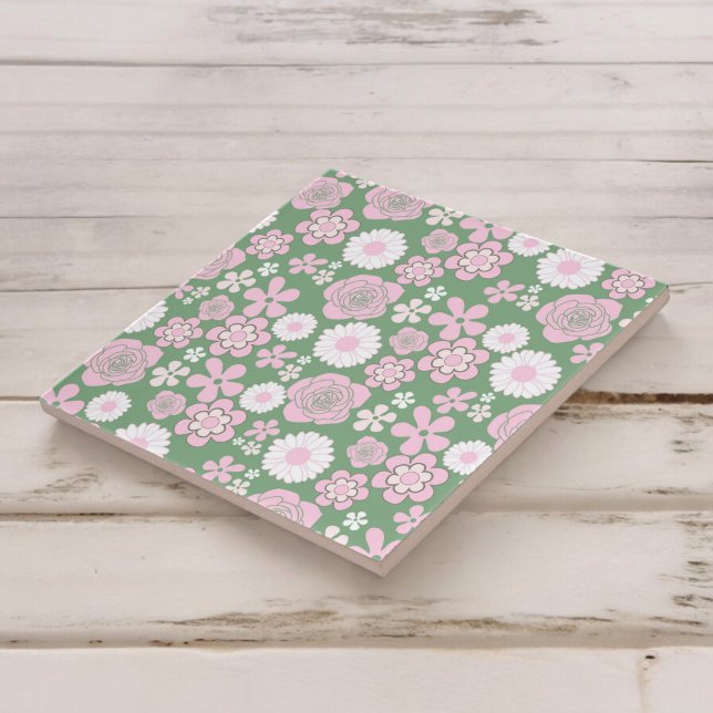 Green Pink White Retro Y2K 70s Flower Pattern Ceramic Tile (Creator Uploaded)