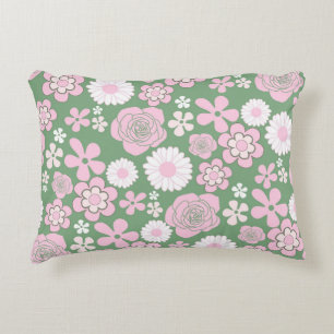 Green Pink White Retro Y2K 70s Flower Pattern Decorative Cushion
