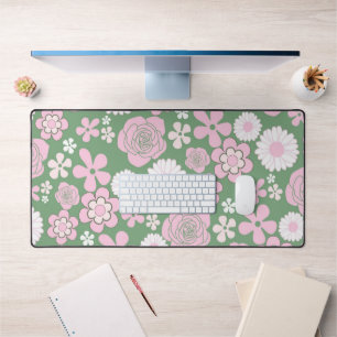 Green Pink White Retro Y2K 70s Flower Pattern Desk Mat