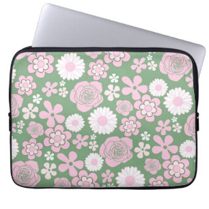 Green Pink White Retro Y2K 70s Flower Pattern Laptop Sleeve