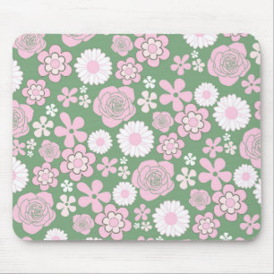 Green Pink White Retro Y2K 70s Flower Pattern Mouse Pad