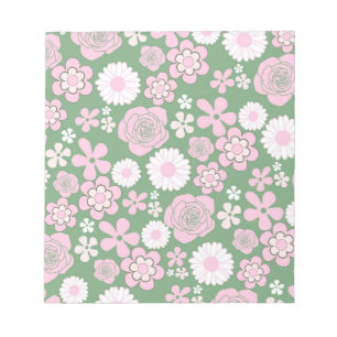 Green Pink White Retro Y2K 70s Flower Pattern Notepad