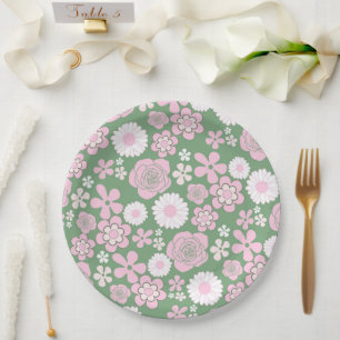 Green Pink White Retro Y2K 70s Flower Pattern Paper Plate