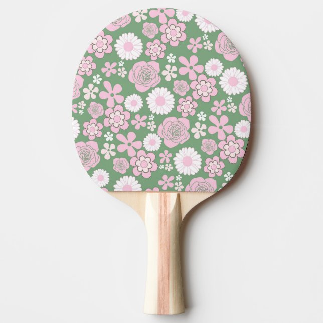Green Pink White Retro Y2K 70s Flower Pattern Ping Pong Paddle (Front)