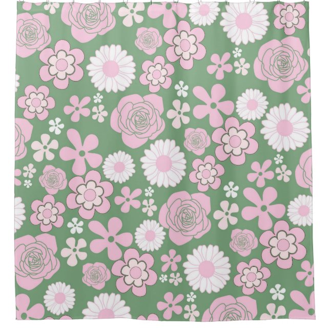 Green Pink White Retro Y2K 70s Flower Pattern Shower Curtain (Front)