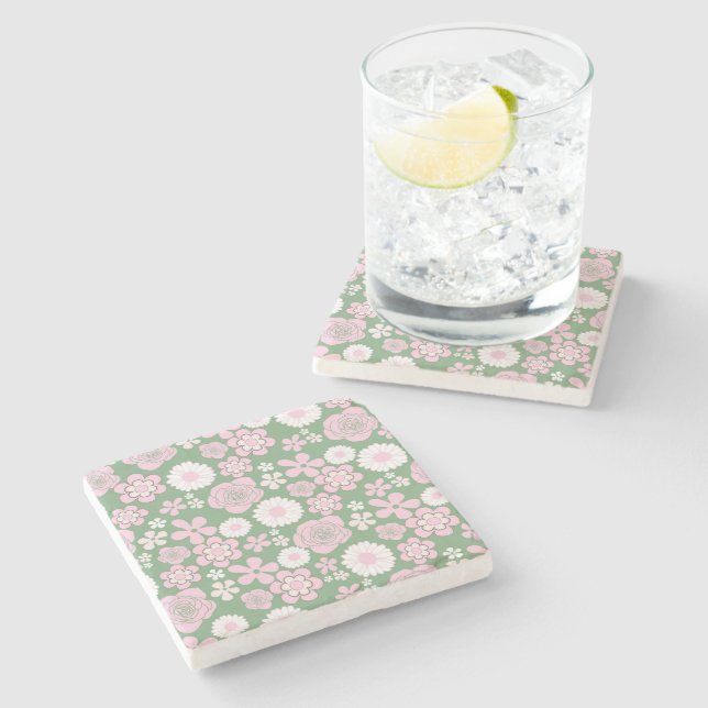 Green Pink White Retro Y2K 70s Flower Pattern Stone Coaster (Side)