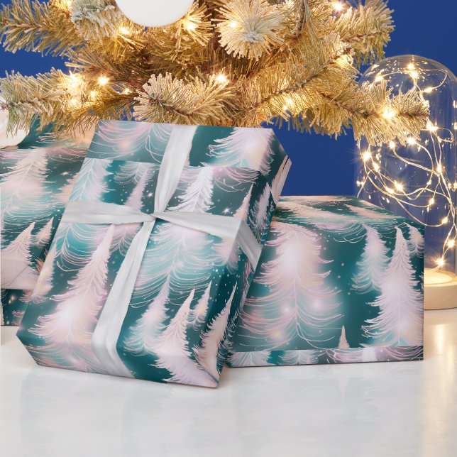 Green Pink White Trees Modern Christmas Wrapping Paper (Holidays)