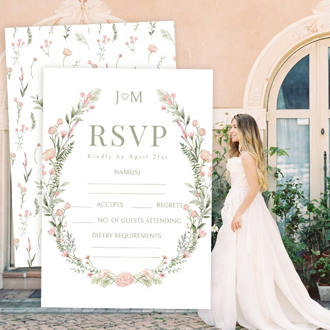 Green pink wildflower floral wedding RSVP cards (Creator Uploaded)
