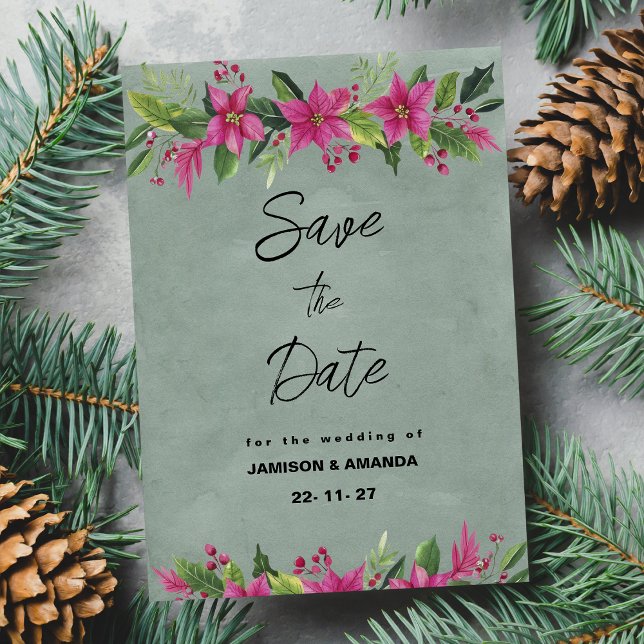 Green pink winter floral Christmas Save The Date Invitation (Green pink winter floral Christmas Save The Date)