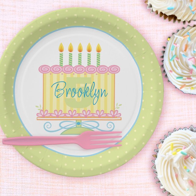 Green Pink Yellow 5th Birthday Cake Name Paper Plate (Creator Uploaded)