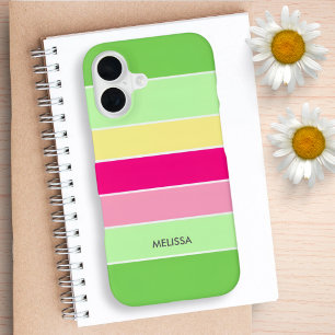Green Pink & Yellow Stripes Monogram Phone Case