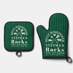 Green Pinstripe Meat Whisperer BBQ  Oven Mitt & Pot Holder Set