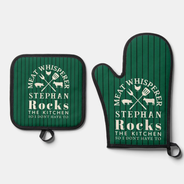 Green Pinstripe Meat Whisperer BBQ  Oven Mitt & Pot Holder Set (Front)