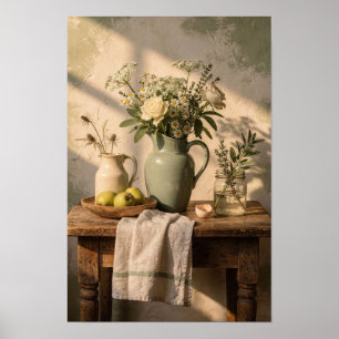 Green Pitcher with Daisies and Pears Poster