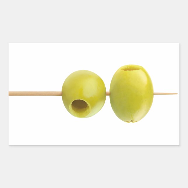 Green pitted olives on a skewer rectangular sticker (Front)