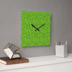 Green Pixel Pattern Retro 8-Bit Gaming Square Wall Clock