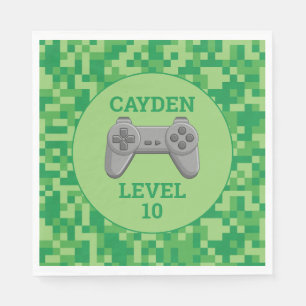 Green Pixelated level up Video Game Birthday Party Napkin