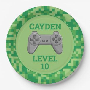 Green Pixelated level up Video Game Birthday Party Paper Plate