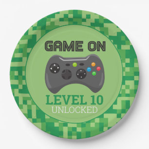 Green Pixelated level up Video Game Birthday Party Paper Plate