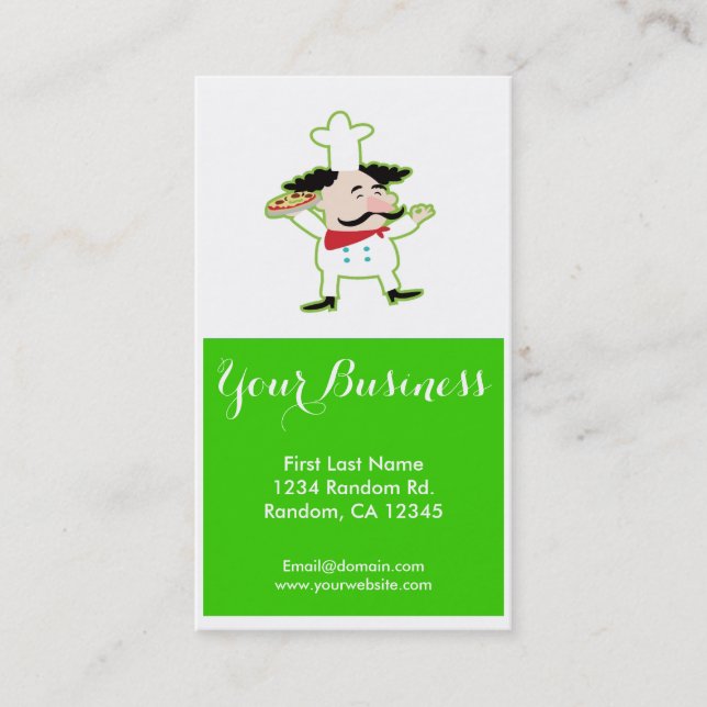 Green pizza chef customisable business cards (Front)