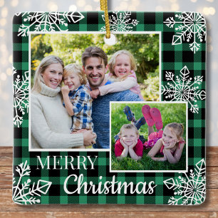 Green Plaid 3 Photo Snowflakes Merry Christmas Ceramic Ornament
