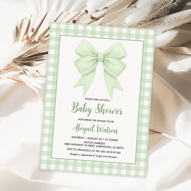 Green Plaid And Green Bow Baby Shower Invitation (Creator Uploaded)