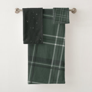 Green plaid and stars holiday bath towel set