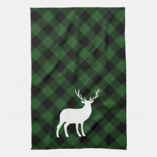 Green Plaid and White Stag Holiday Tea Towel