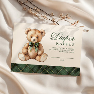 Green Plaid Bear Baby Shower Diaper Raffle Enclosure Card