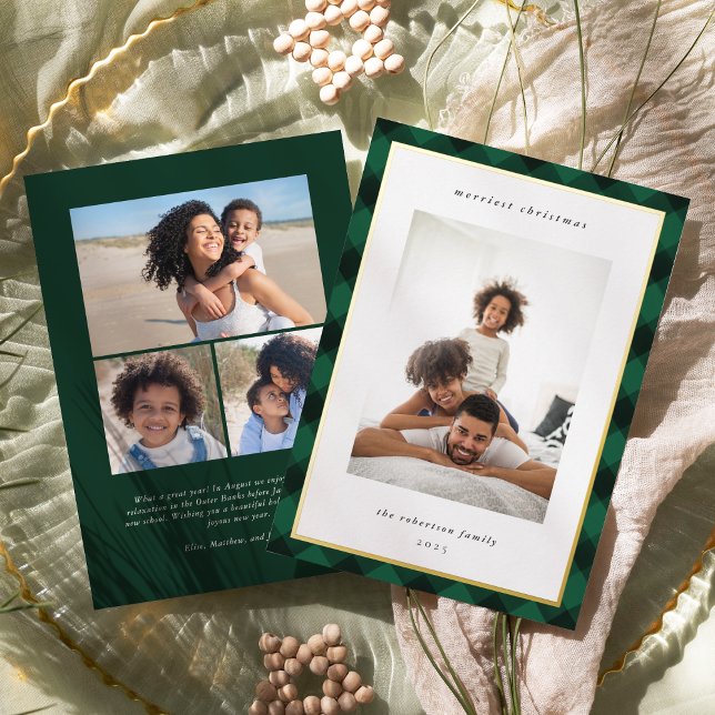 Green Plaid Border Christmas Photo Foil Holiday Card (Creator Uploaded)