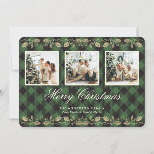 Green Plaid Botanical Photo Merry Christmas Card